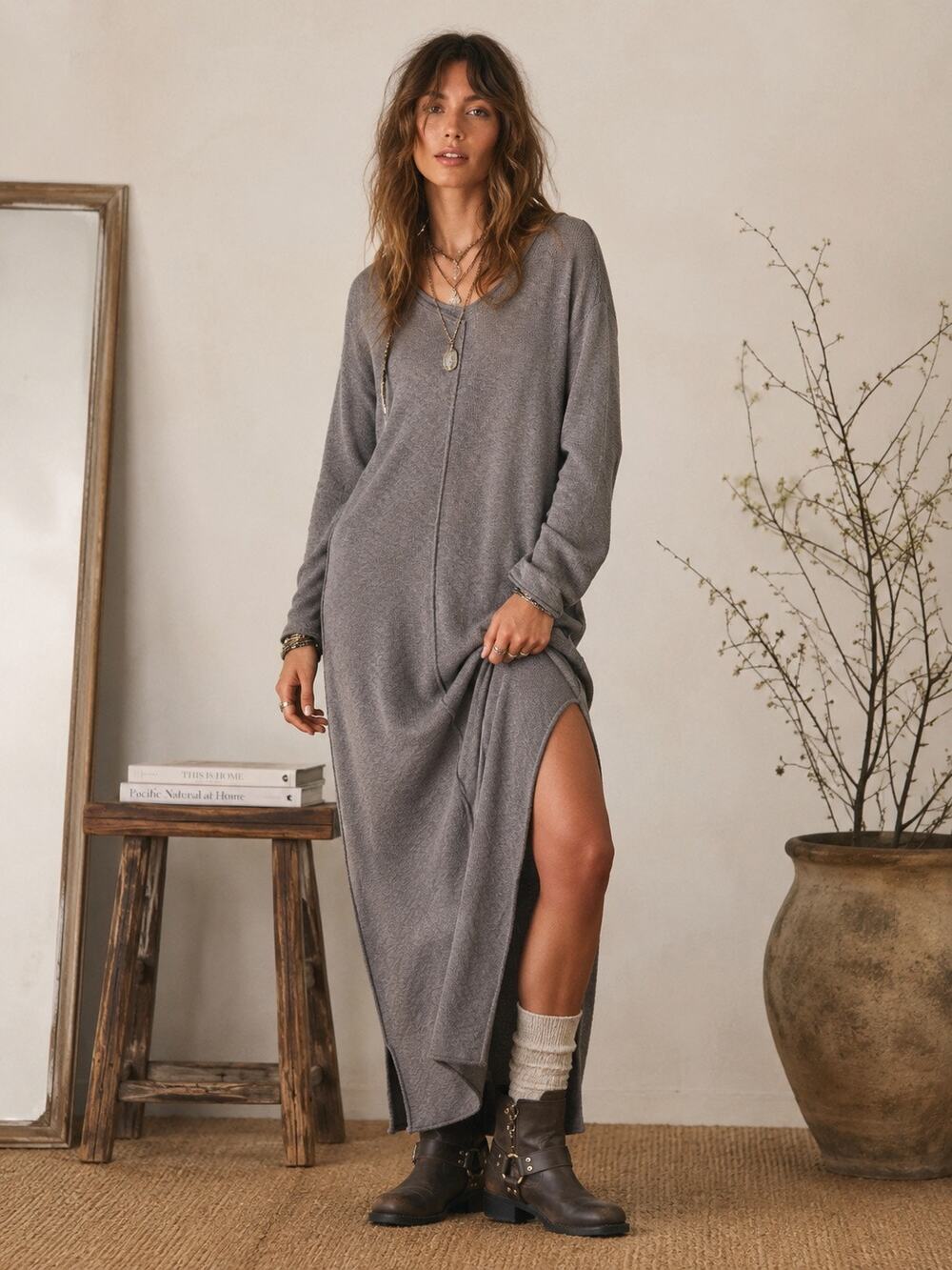 Free People Beach Oversized Knit Maxi Lounge Dress Petrified Wood (Taupe) M